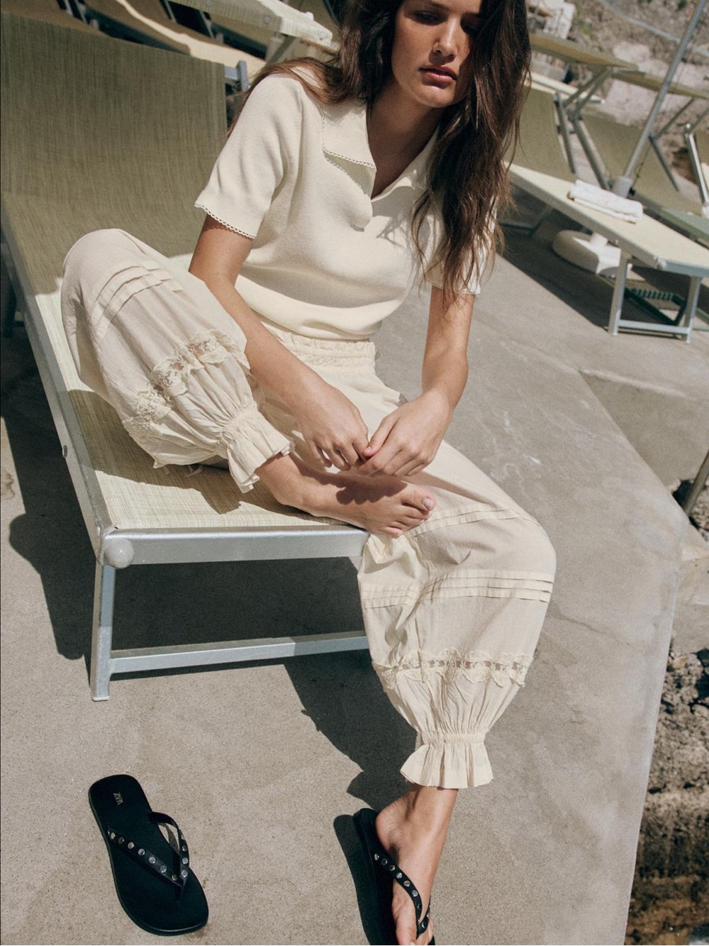 Zara Cream Elastic Cuffed Boho Pants